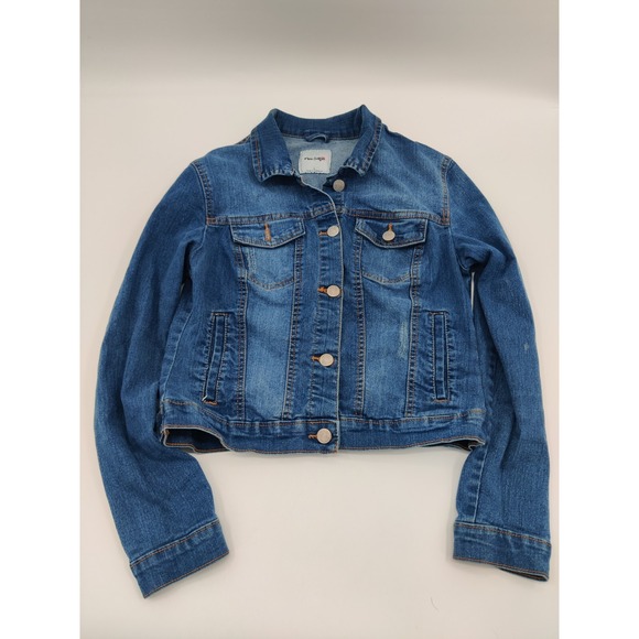 Miss Selfie Jackets & Blazers - Miss Selfie Womens Medium Wash Cropped Distressed Denim Jean Jacket Large L